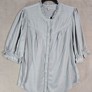 Wit & Wisdom Womens Button Up Coquette Shirt Lace Sage Green Feminine Large